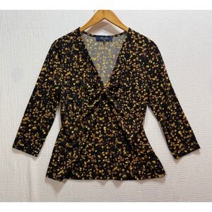 Rachel Roy Women's Black Gold Dot Print Twist Front V Neck‎ 3/4 Sleeve Top M